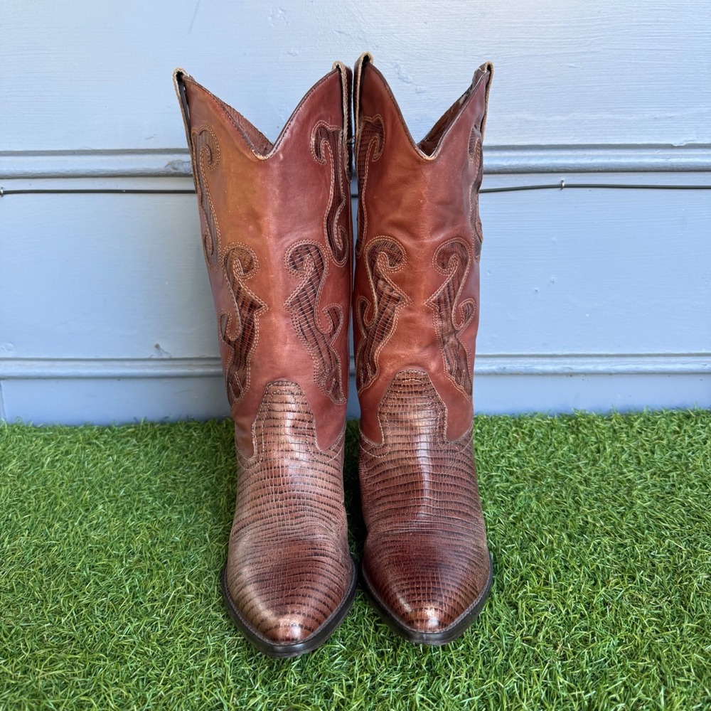 Vintage Brown Lizard Embossed Leather Western Cowgirl Boots 6.5M Pointed Toe